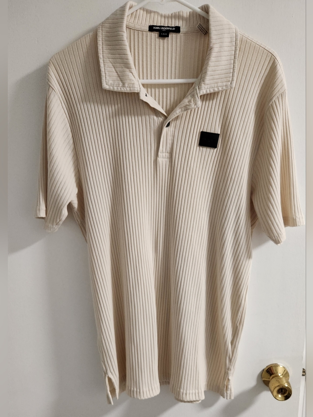 Karl Lagerfeld Cream Ribbed Short-Sleeve Polo, Size L